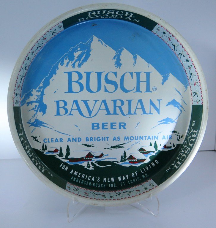 BUSCH BAVARIAN BEER TRAY ORIGINAL clear and bright as: BUSCH BAVARIAN BEER TRAY ORIGINAL clear and bright as mountain air Americas new way of living (RARE green and light blue Minimal surface scratching and wear from age)