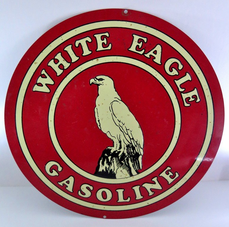 White Eagle Gasoline Advertising 10”3/4 Round Metal: White Eagle Gasoline Advertising 10”3/4 Round Metal Sign Logo Some surface wear and pin head rust spots not an issue good shape see pictures Raised lettering and eagle RARE good Colors