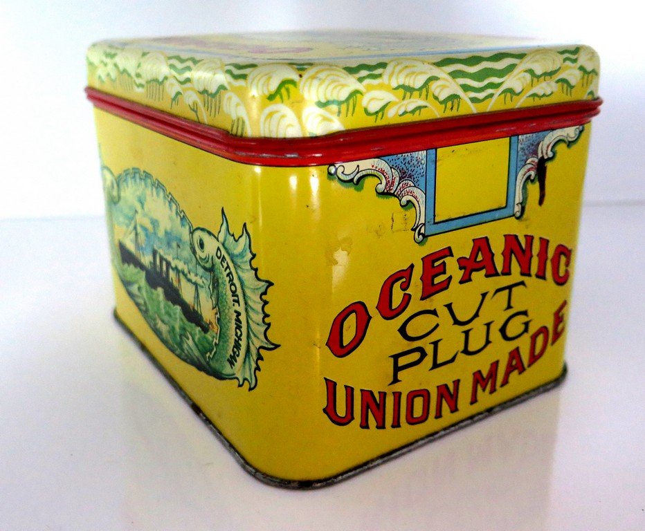 Original Oceanic Cut Plug Union Made Tobacco Tin Can: Original Oceanic Cut Plug Union Made Tobacco Tin Can No. 1 First District Detroit Michigan and Scotten Dillon Co. Chemco housewares minimal scratching