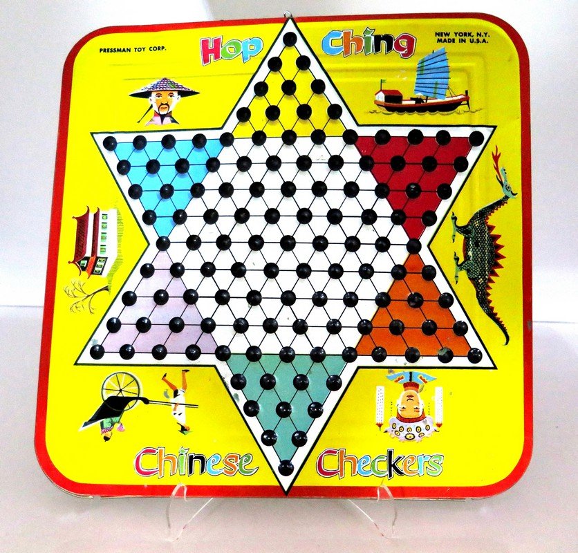 Vintage Hop Ching Chinese Checkers Tin Toy Metal Game: Vintage Hop Ching Chinese Checkers Tin Toy Metal Game Board Dragon and Asian Art on face Pressman Toy Corp. Gentle warpage minimal surface wear and scratching Lid To Vintage Game Box Rare Measures 13�