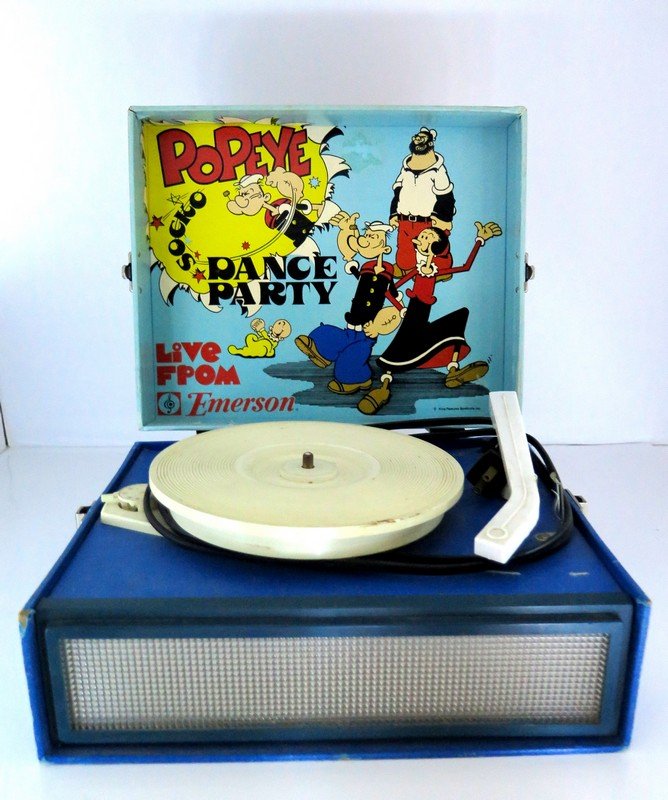 Popeye Portable Record Player – Popeye “Dance Party –: Popeye Portable Record Player – Popeye “Dance Party – Live From Emerson” – Comes on and Platter Turns – Good Graphics – Blue Case - King Features Syndicate – Working Latch – Complete