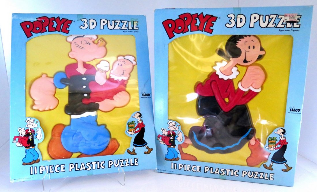 (2) Popeye 3D Pre-School Puzzles by Illco – 11 Piece: (2) Popeye 3D Pre-School Puzzles by Illco – 11 Piece Plastic with Original Boxes – Featuring Popeye & Olive Oil – 1987 King Features Syndicate – Boxes have signs of wear however Puzzles appear