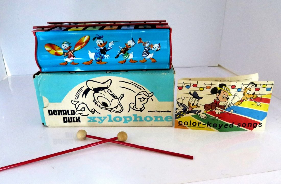 Donald Duck Xylophone No. 110 with 2 Sticks &: Donald Duck Xylophone No. 110 with 2 Sticks & Instructions BY Walt Disney Productions - Includes Original Box - “Color Keyed Songs” – Tudor Metal Company Made in the U.S.A – Glossy Color Near 