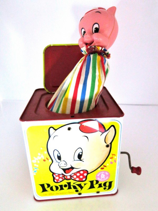 PORKY PIG in the music Box Warner bros Mattel Inc. 1964: PORKY PIG in the music Box Warner bros Mattel Inc. 1964 Hawthorne Calif. USA PTD Canada 1951 & 53 Music by Ted Duncan Made and Printed in USA Matty Mattel Presents RARE Jack In the Box Wind Up Toy Mea
