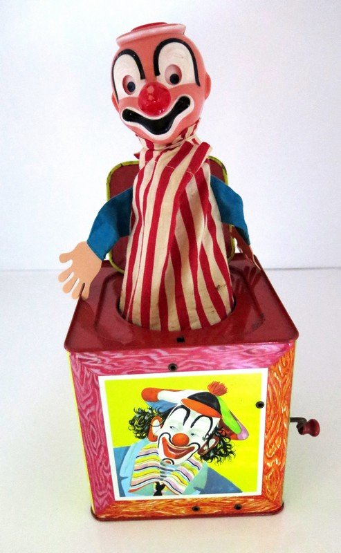 Bozo Clown Jack in the Box Original 1961 Great: Bozo Clown Jack in the Box Original 1961 Great condition minimal staining on outfit Matty Mattel Presents music by Ted Duncan Décor by Louis Song Mattel Toy Makers Measures 5”1/2 by 5” Original
