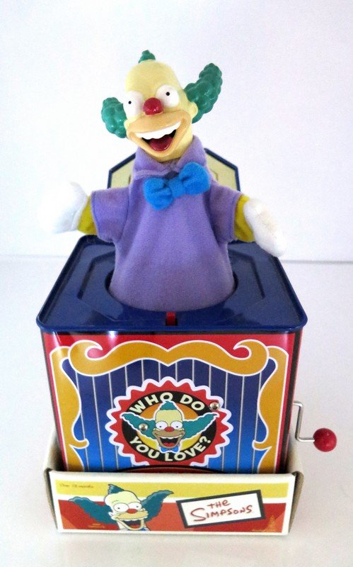 2002 The Simpsons Who Do You Love? Jack in the Box with: 2002 The Simpsons Who Do You Love? Jack in the Box with original box on bottom The Official KRUSTY in the Box Musical Fun by Rocket USA Excellent Condition Measures 5” by 5”3/4