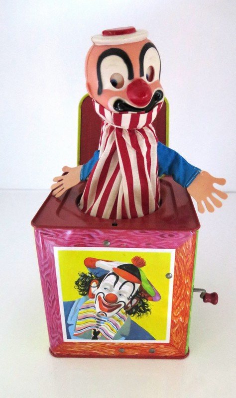 Rare Clown No 659 Original Jack in the Box Patented: Rare Clown No 659 Original Jack in the Box Patented others pending Décor by Louis Song and Music by Ted Duncan Matty Mattel presents 1961 Mattel inc. USA Measures 5”by 5”1/2
