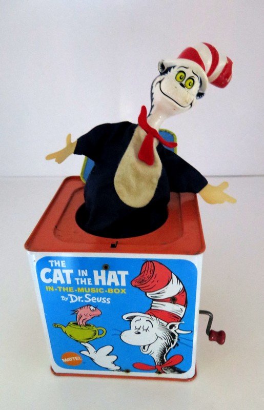 1970 Original Wind-up Jack in the Box Toy Dr. Seuss: 1970 Original Wind-up Jack in the Box Toy Dr. Seuss Made in USA minimal wear some dings and dents hinge functions rough musical Mattel item Measures 5”1/4 by 5”1/2