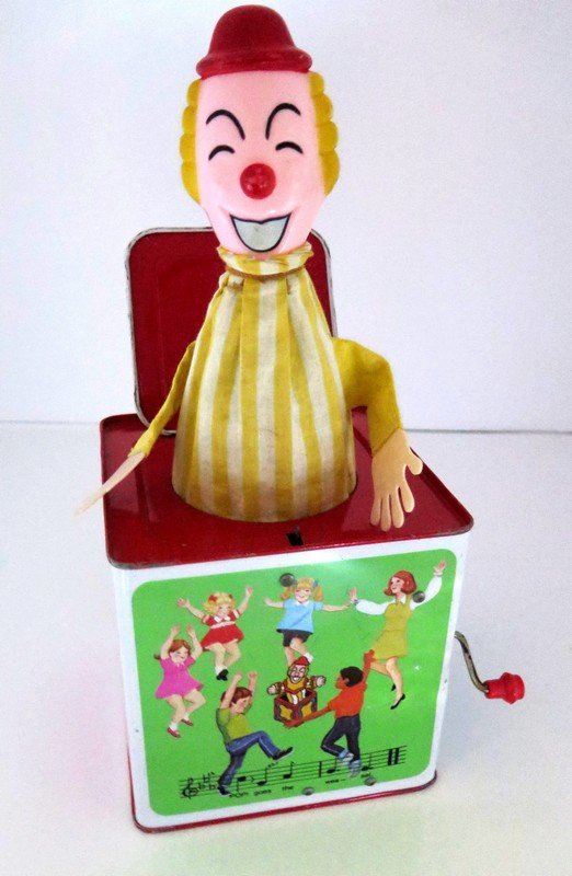 1970 Hasbro Industries Romper Room Original Jack in the: 1970 Hasbro Industries Romper Room Original Jack in the Box Functional great condition some surface scratching made in Hong Kong Tin Toy Measures 5”1/2 by 5”1/2 square