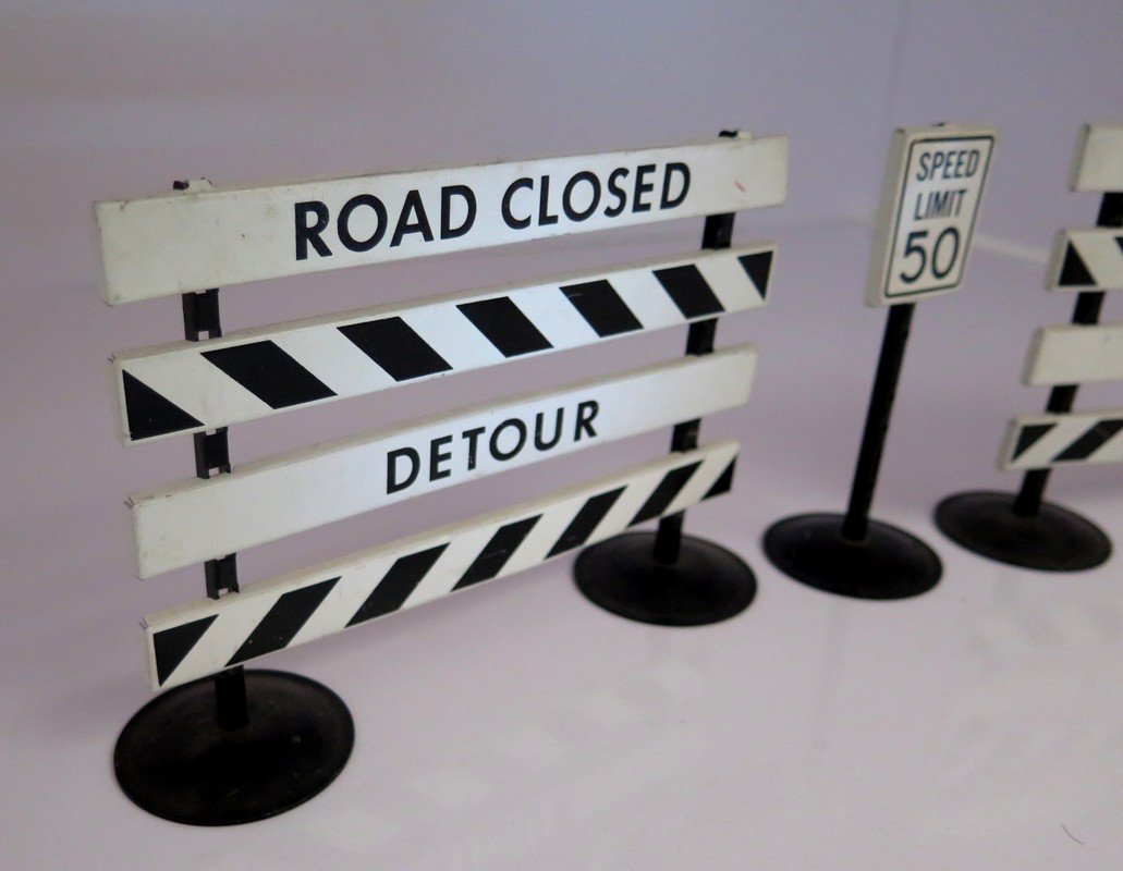 (3) Tonka Metal Traffic Signs including Road Closed: (3) Tonka Metal Traffic Signs including Road Closed Detour, Speed Limit 50 & Caution Bypass Sign – Minor Wear with some distortion / bending – Great Display Piece – Large Slotted Signs Measure 4