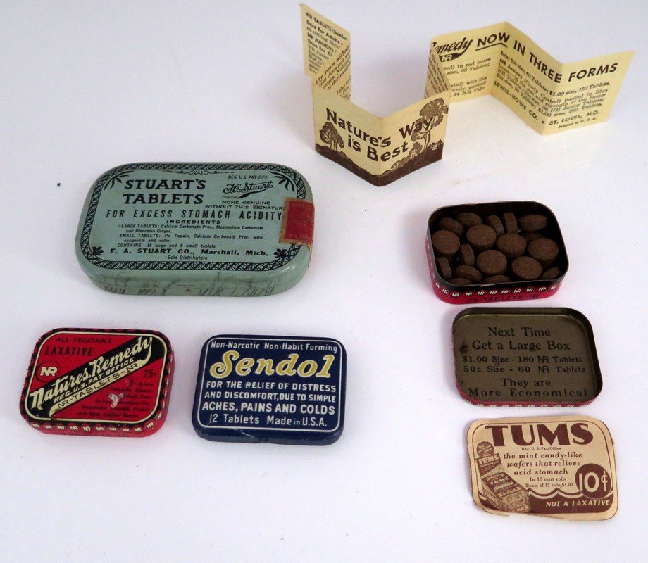 (4) Vintage / Antique Advertising Tins Including: (4) Vintage / Antique Advertising Tins Including Natures Remedy All Vegetable Laxatives ( Qty. 2) Made By Lewis Howe Company (One of the Containers still has advertising paper and pills), Sendol Non-N