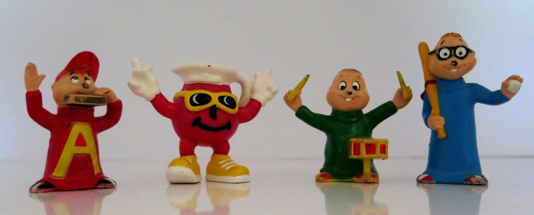 (3) 1983 Alvin and The Chipmunk Characters & Kool-Aid: (3) 1983 Alvin and The Chipmunk Characters & Kool-Aid Man – Normal Wear and Tear – Tallest Measures 2 ¾” Tall