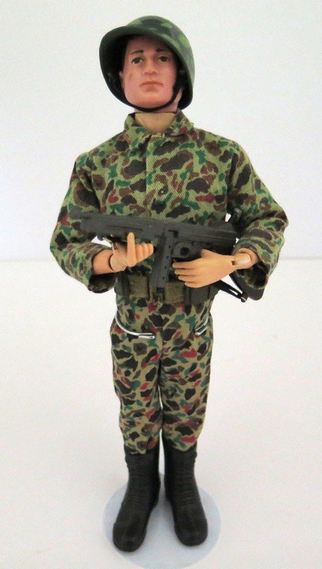 Original G.I Joe Ca. 1960’s Marine with Accessories –: Original G.I Joe Ca. 1960’s Marine with Accessories – Johnson .45, Camouflage, With Ammo Pouches, Blouse, Trousers, Belt & Helmet – 12” Tall – Near Mint