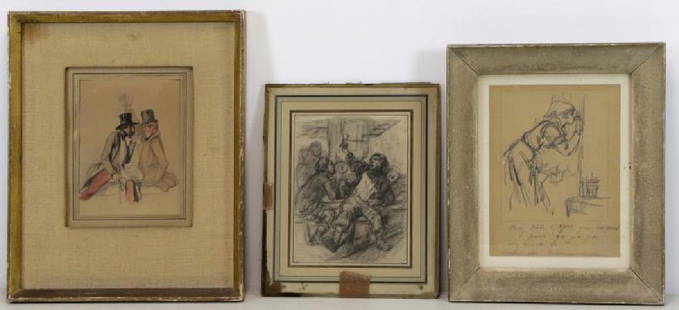 GAVANI, NANTEUIL & UNKNOWN. Three 19th C. French: Drawings. Paul Gavarni (French, 1804 - 1866) "La Lecture du Journal" - watercolor and pencil on paper, signed lower left, PSD Fine Arts Corporation, New York label and Marlborough Fine Art London 1947