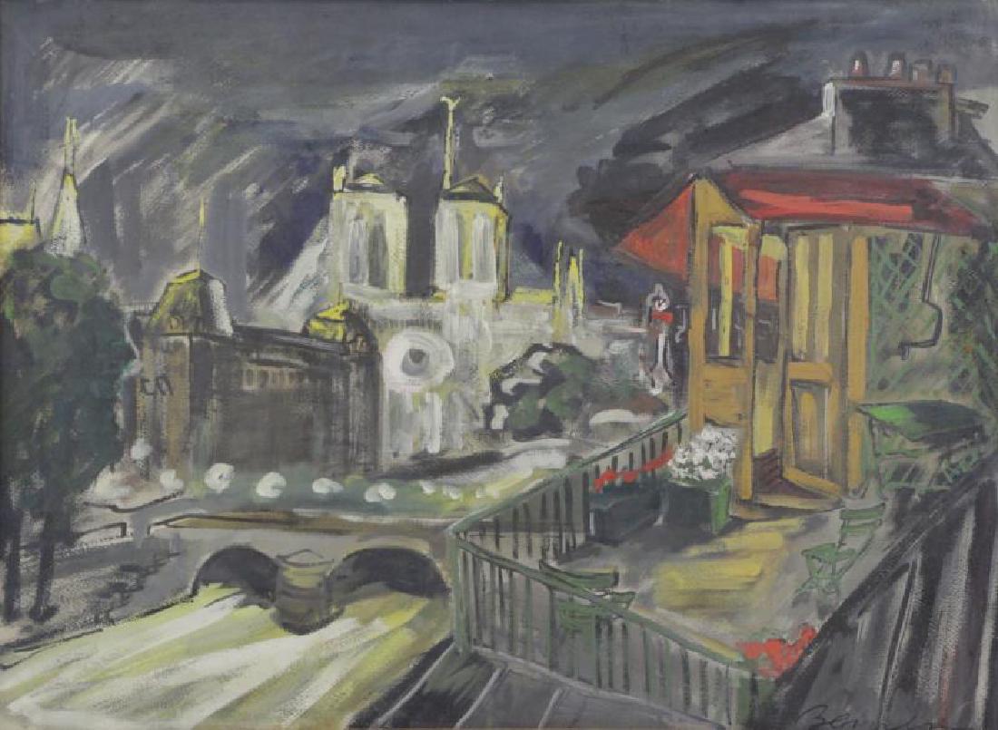 BEMELMANS, Ludwig. Gouache on Paper. View of Paris: Signed lower right. Ludwig Bemelmans (German / American, 1898?1962). From a Westchester, NY estate. - Dimensions: Sight - 20.25" high x 28" wide.