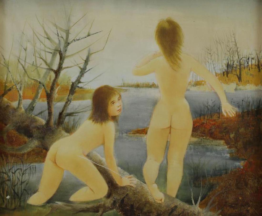 LAVARENNE, Pierre. Oil on Canvas. Nude Bathers.: Signed lower right, further signed and faintly inscribed verso and priced at $650. Pierre Lavarenne (French, b.1928). From a Westchester, NY estate. - Dimensions: 18" high x 22" wide.