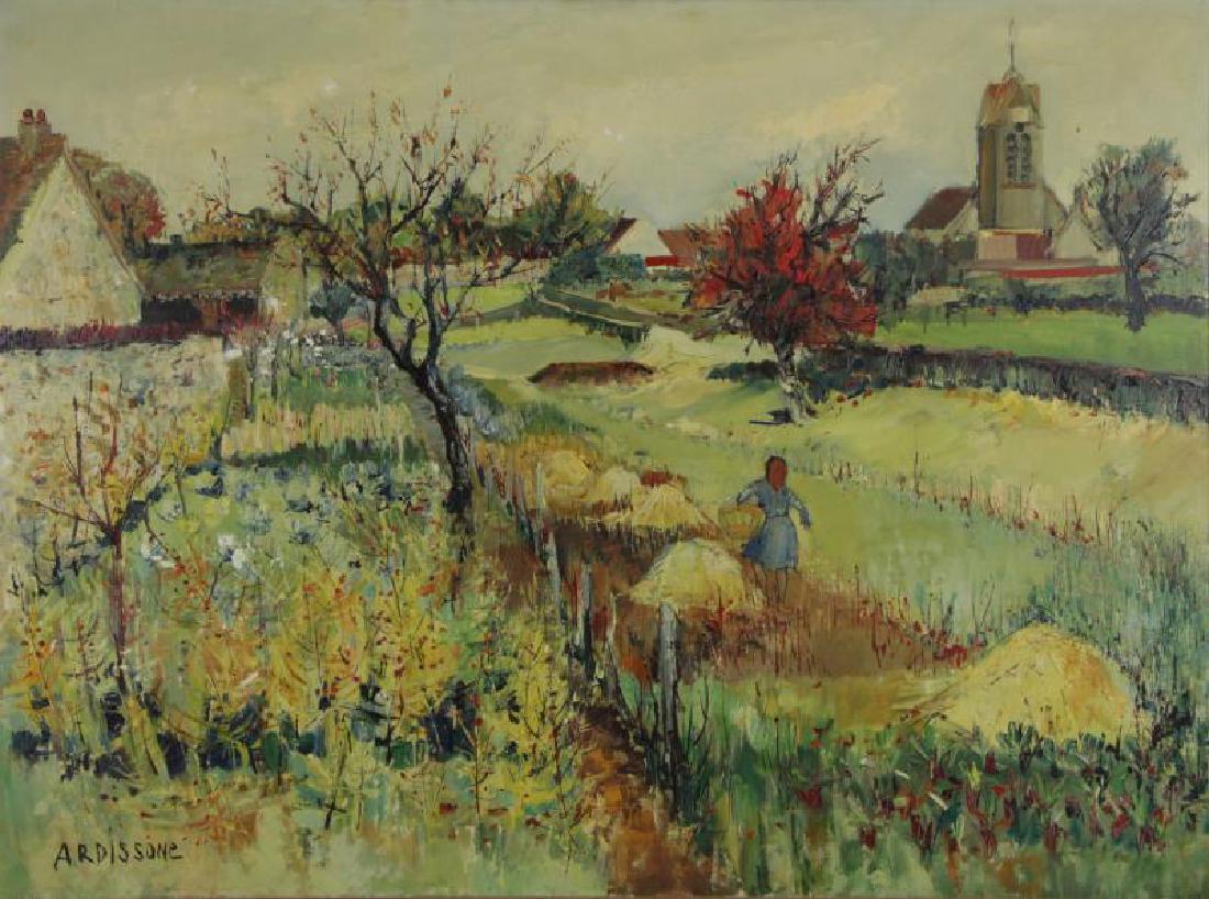 ARDISSONE, Yolande. Oil on Canvas. "Fillette dans: le Verger". Signed lower left, inscribed verso. Yolande Ardissone (French, b.1927). From a Westchester, NY estate. - Dimensions: 38" high x 51" wide.