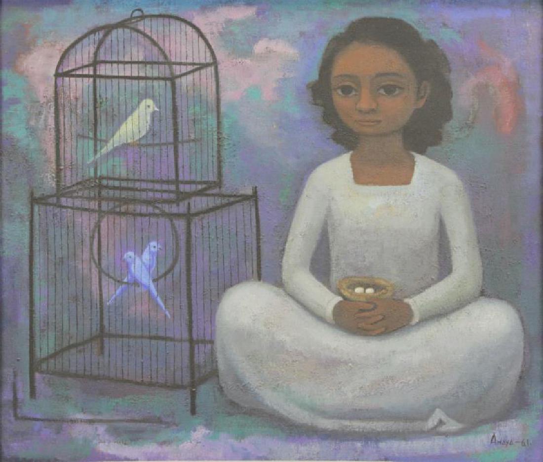ANAYA, Luis. Oil on Canvas "Nina con Pajaros" 1961 (1 of 7)