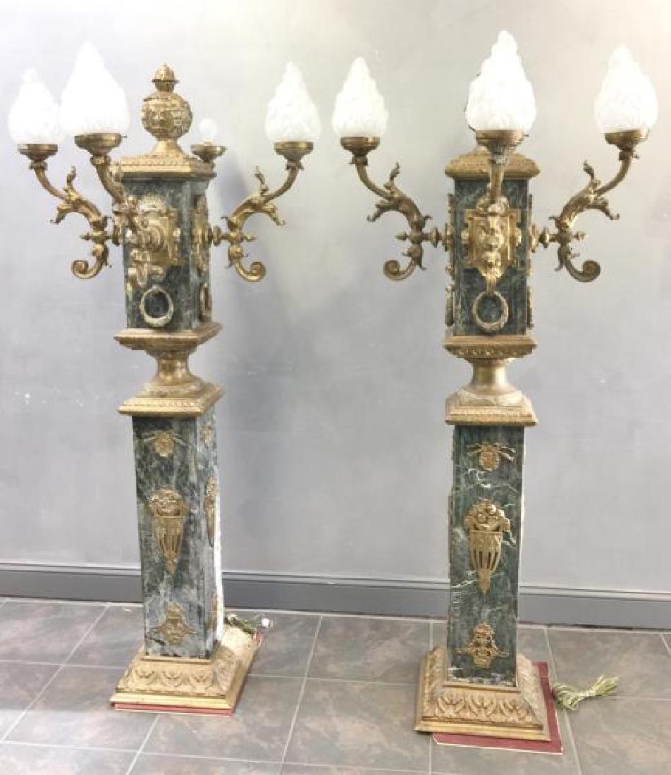 Pair of Vintage and Large Marble and: Bronze Torchieres. From a Mamaroneck, NY estate. - Dimensions: 34" w x 7" h.