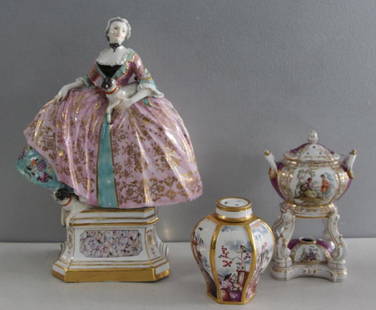 Grouping of Porcelains To Inc Meissen.: Attributed to Meissen figure of a lady with pugs, Meissen Chinoiserie Tea Caddy and a probably KPM perfume burner. From a Basking Ridge, New Jersey estate. Lady 11" h x 8.5" w, lidded urn 4" h other 6