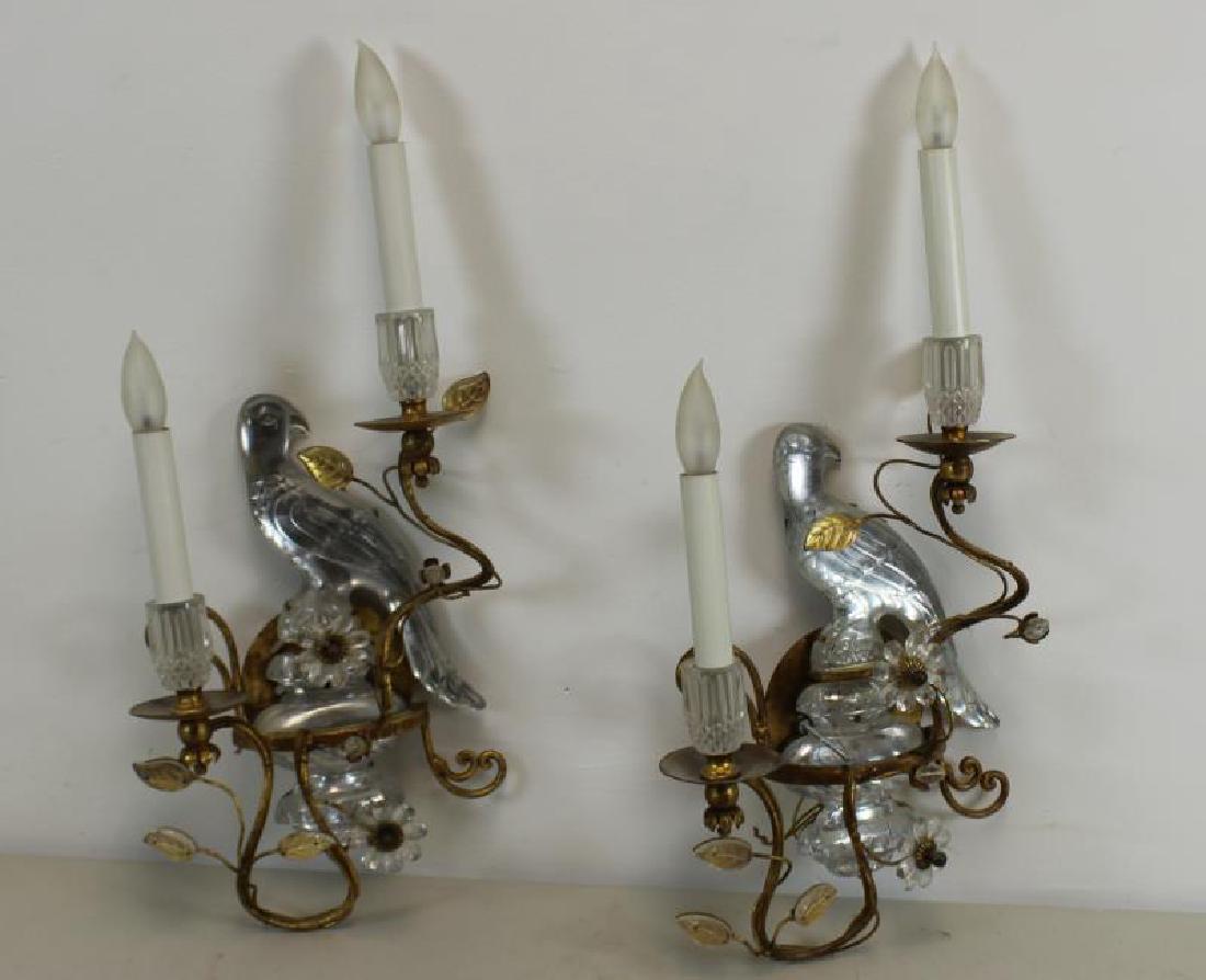 A Pair of Mirrored Glass and Gilt Metal Parrot: Form Sconces. Circa 1940 and from an East 54th St., Sutton Place, NYC estate. - Dimensions: 14" h x 12" w.