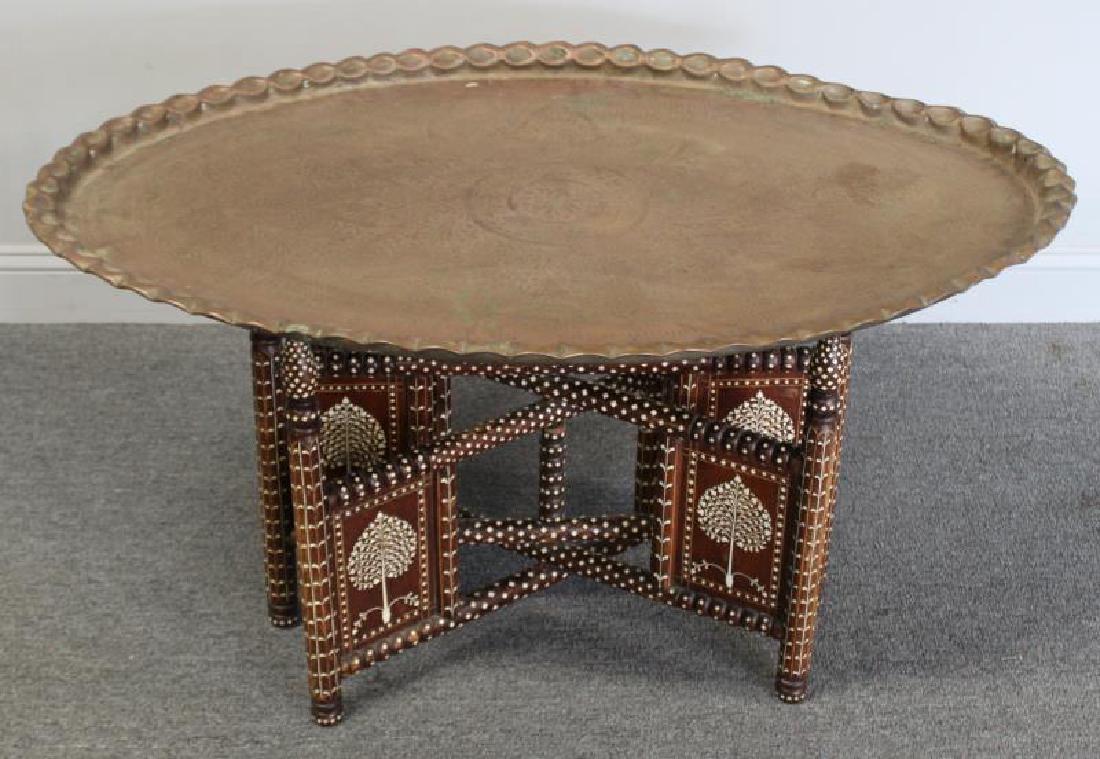 South East Asian Bone Inlaid & Brass Tray on Stand: From a Mahopac, NY estate. - Dimensions: 45" x 28.5" tray, 27" x 22" h stand
