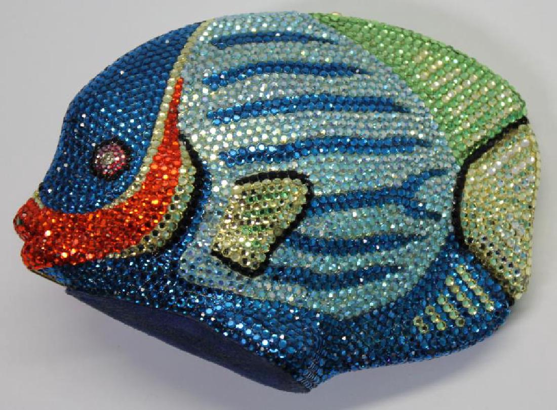 Kathrine Baumann Design Fish Aqua Minaudiere.: Wonderful tropical or angel fish form minaudiere that can be used with or without gold purse strap. Additional bag of swavorski crystals included. Interior label reading, "Kathrine Baumann Design, K.