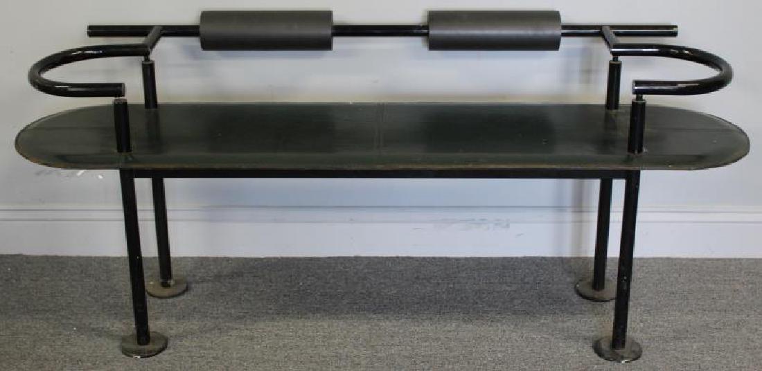 1970s Metal Bench with Stitched Leather Seat.: In the style of Memphis. From a Bronx NY estate. Dimensions: 60" w x 19" d x 24" h.