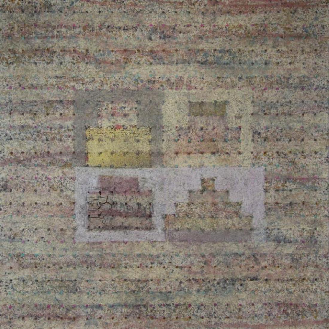 ROJO, Vincente. Mixed Media on Canvas "Cuatro: Piramides" 1989. Signed, titled and dated verso. Galeria de Arte Soledad Lorenzo, Madrid label affixed verso. Vicente Rojo (Spanish,b. 1932) - Dimensions: 51" high x 51" wide.