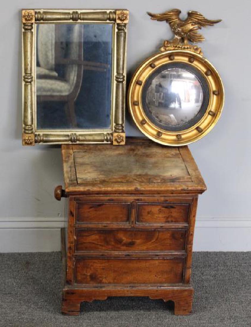 2 Antique Mirrors and an Antique Elm Box .: 1 giltwood Sheraton mirror 18" x 13' and 1 bullseye with Eagle crown 18"H and the box Queen Anne in figured Elm and circa 1710 16" x 18"H x 17" . From a Westport CT estate .