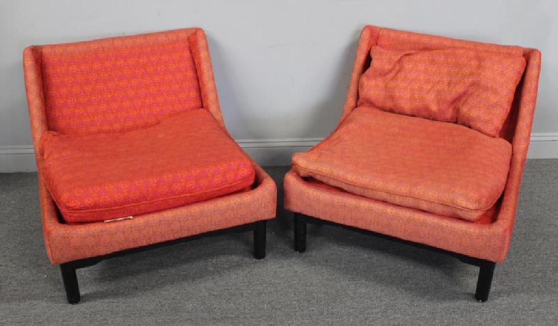 Midcentury Pair of Widdicomb Slipper Chairs.: Labeled Widdicomb and Made by Armstrong. Vintage upholstery. Black lacquered legs. From a Long Island, NY estate. - Dimensions: 29" w x 29" d x 27.5" h.
