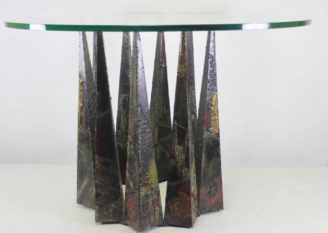 Midcentury Paul Evans; Directional Dining Table.: Model PE 46, welded steel and polychrome geometric dining table with thick round glass top. Signed and dated, PE 68 - indistinct. Good vintage coloration with yellows, reds, and gilt application. From