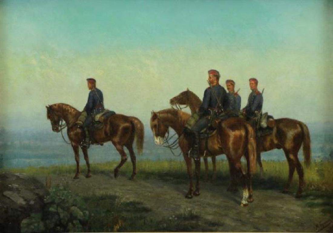 Signed 19th C. Russian Oil on Canvas. Cavalry in (1 of 6)