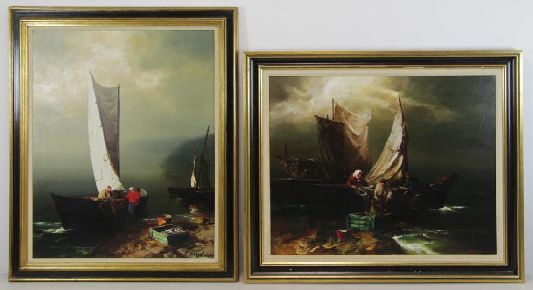 UPELNIEKS, Arturs. Two Oils on Canvas of Fisher: Folk. Both signed lower right, and both further signed and dated 1966 and 1965 verso. Arturs Upelnieks (Russian, 1911-1994). Dimensions: 30" high x 24" wide & 24" high x 30" wide.