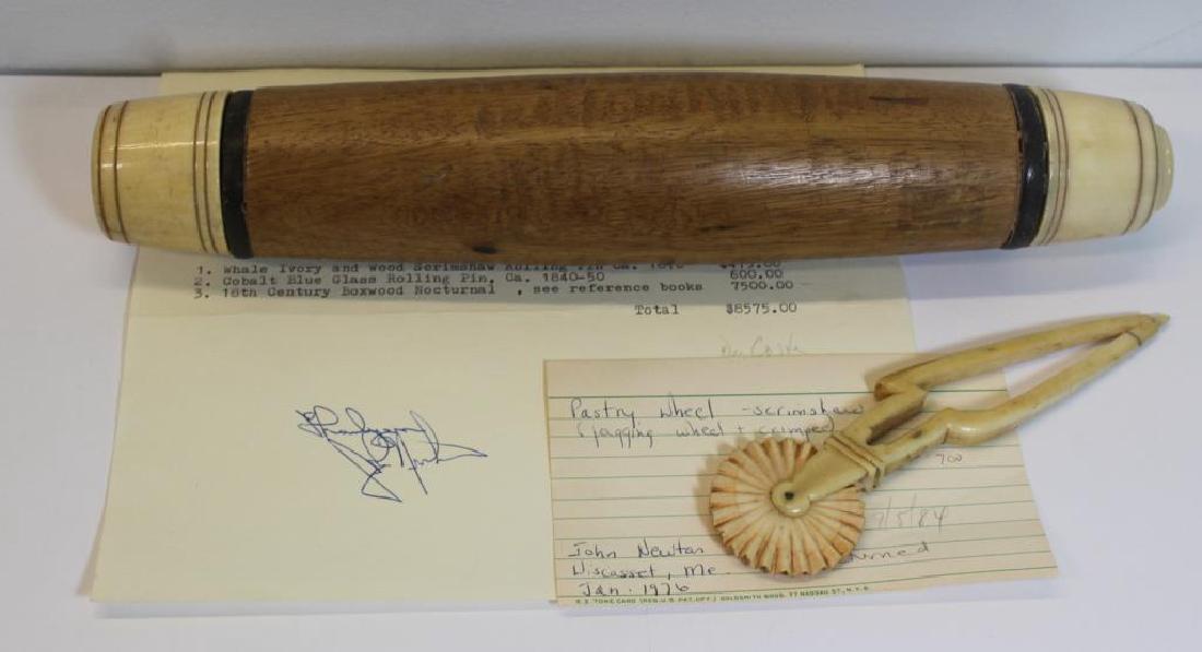 Grouping of Scrimshaw Rolling Pin and Crimper.: Includes a late 19th C whale bone and wood scrimshaw rolling pin - accompanied by June 23rd, 1985 Marine Antiques receipt for one, "Whale bone and wood scrimshaw rolling pin Ca. 1870 $475". Accompanie