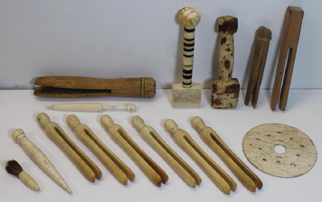 Grouping of Scrimshaw Nautical Items and: Accessories. Includes a carved whale bone seam rubber with faceted finial - with numerical inscription to handle; a carved scrimshaw seam rubber with knotted rope finial and inlaid tortoise shell?; mi