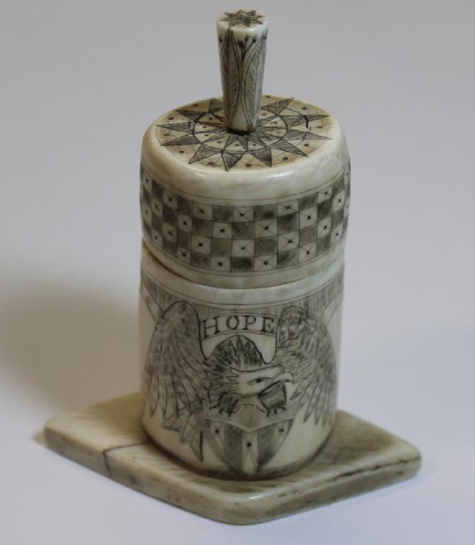 Antique Scrimshaw Inkwell.: Unique scrimshaw inkwell with "Hope" eagle and shield to one side, and ship "Helena" to alternate side. On lozenge form base. From a Sachem Head, Guilford, CT estate. Dimensions: 3.125" w x 1.875" d x