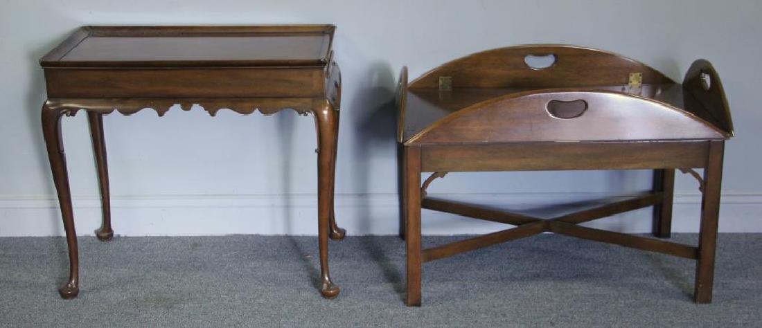 Kittinger End Table and Campaign Style Coffee: Table. Signed Kittinger, with burnt mark on base. From a Riverdale, NY estate. Dimensions: End table - 26.5" high x 18.5" deep x 30" wide. Coffee table (folded) 24" high x 21.5" deep x 34" wide, (unfo