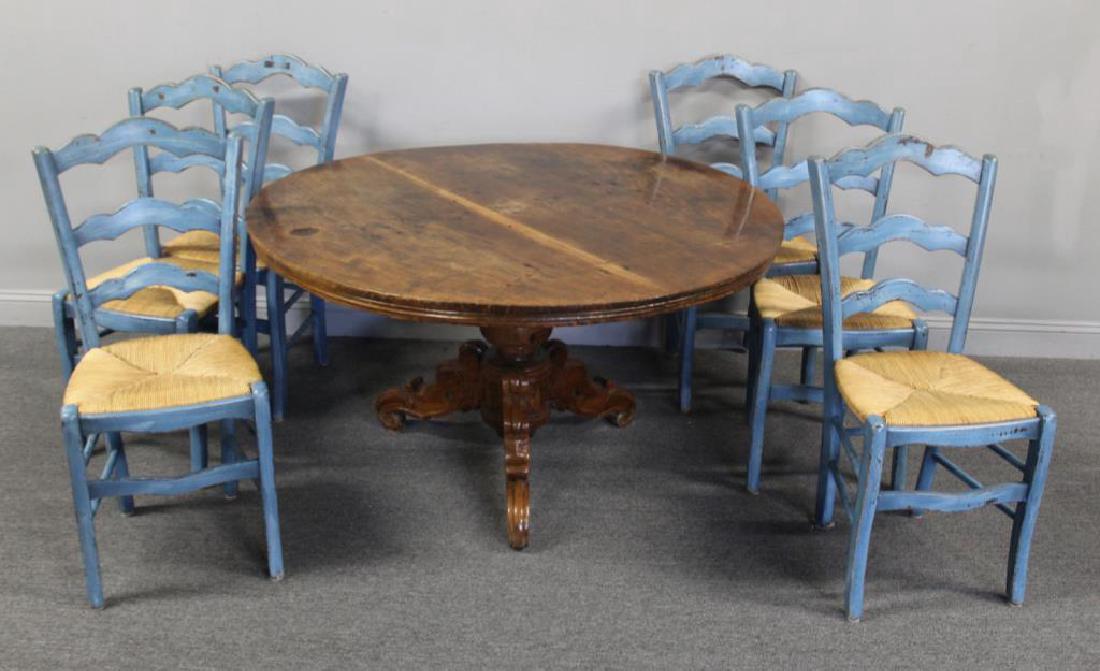 Antique French Pedestal Table with 6 Ladder Back (1 of 6)