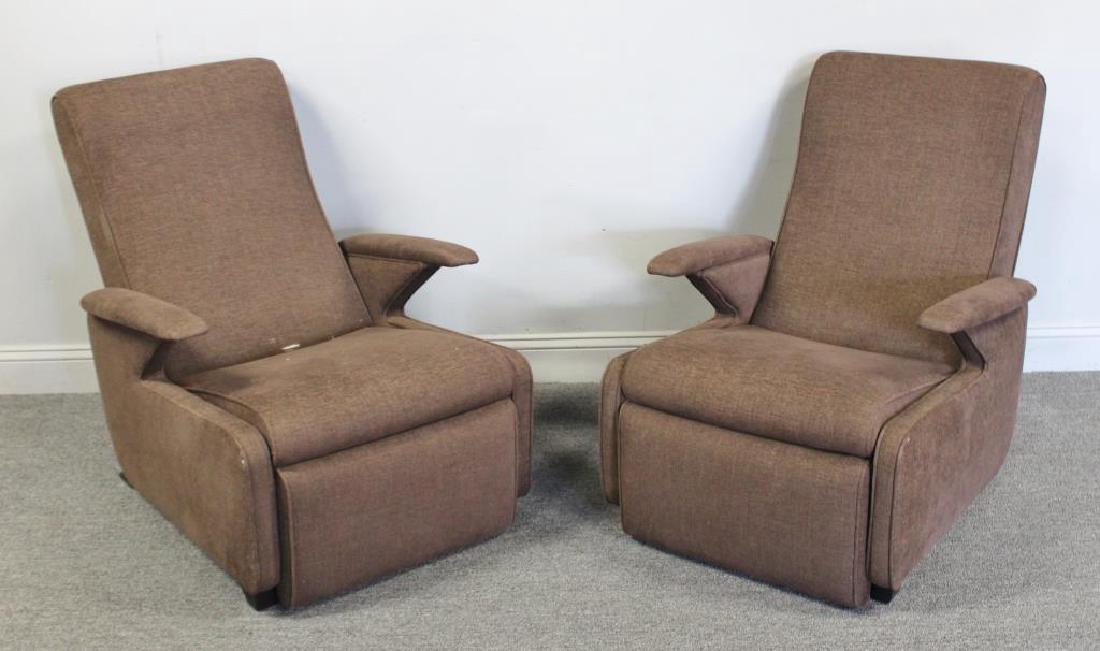 Pair of French Modern Eaton Lounge Chairs.: Upholstered lounge chairs with lean reclining mechanism. Labeled with Eaton tag to underside. From a Newburgh, NY location. - Dimensions: 28" w x 39" d x 55" h.