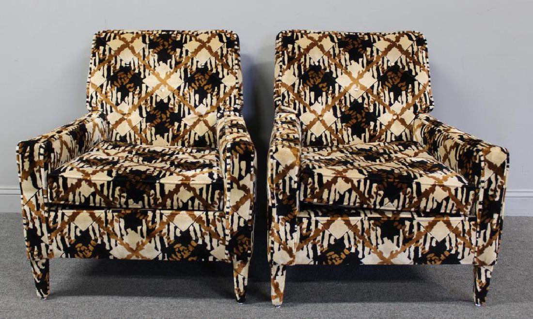 Midcentury Pair of Upholstered Lounge Chairs.: Overall upholstered lounge chairs in what is probably Jack Lenor Larsen fabric. From an Ardsley, NY estate. - Dimensions: 29.5" w x 34" d x 34" h.