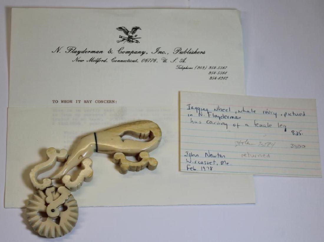Antique Whale Bone Jagging Wheel.: Wonderful bone jagging wheel or crimper depicting an open work Victorian ladies leg. Accompanied by a written letter from N. Flayderman & Company, Inc., Publishing New Milford, CT 06776 stating, "This
