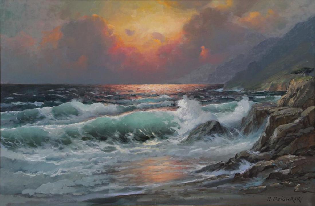 DZIGURSKI, Alexander. Oil on Canvas. Sunset: Seascape. Signed lower right. Wally Findlay Gallery label affixed to backing. Alexander Dzigurski (Yugoslavian/American, 1911-1995). From a Westchester, NY estate. - Dimensions: 25.5" high x 37" wide.