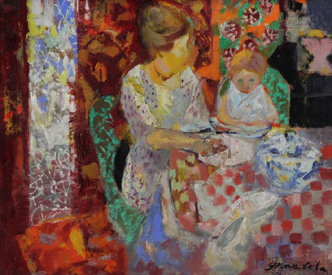 GRAU-Sala, Emilio. Oil on Canvas. Mother and Child: Table, 1967. Signed lower right and further signed and dated 67 verso. Emilio Grau-Sala (Spanish, 1911 - 1975). From a Long Island, NY estate. - Dimensions: 15" high x 18" wide.