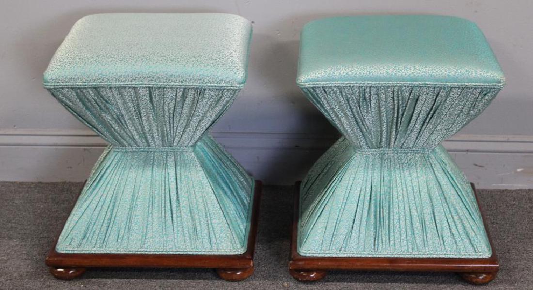Pair of Decorative Modern Ottomans with Fabric: Centers. From a Harrison, NY estate. - Dimensions: 17" x 17" x 18.5" h.