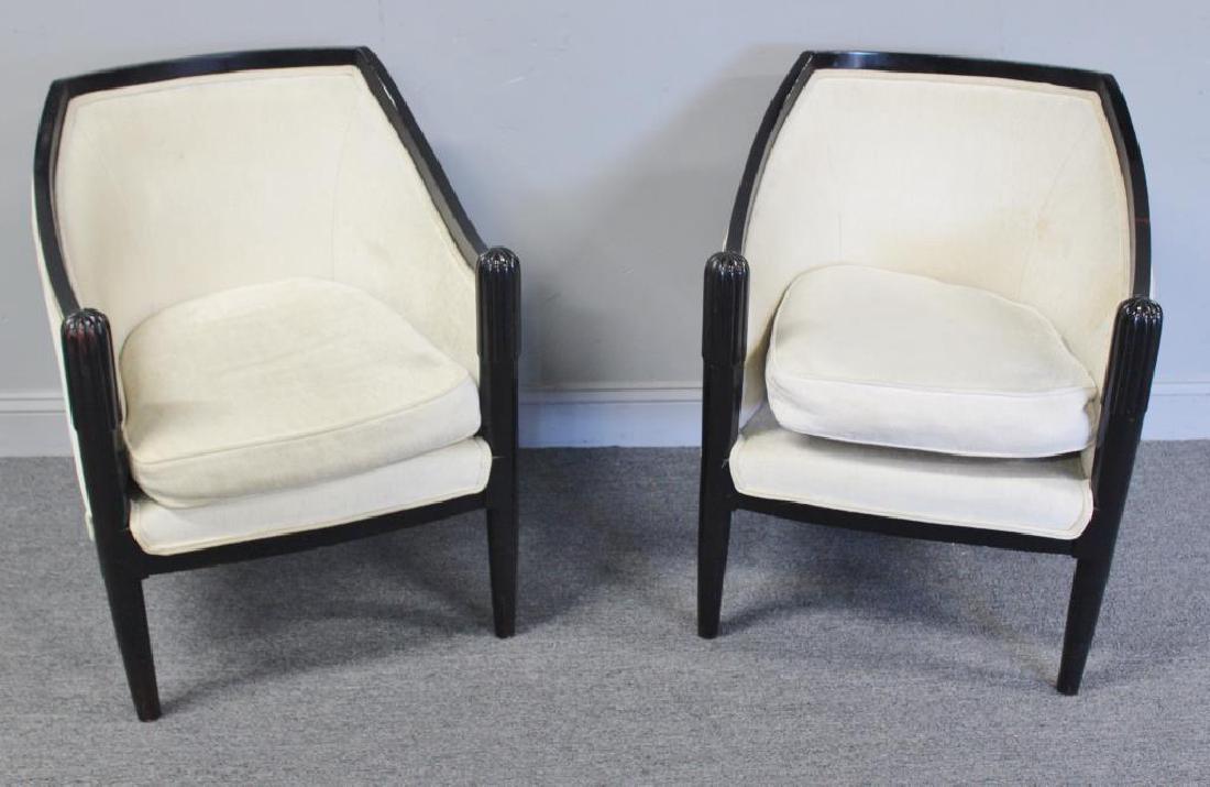 Pair of Rhulman Style Art Deco Club Chairs.: Upholstered club chairs. From an E. 69th St., NYC apartment. Dimensions: 24" w x 23" d x 32" h.