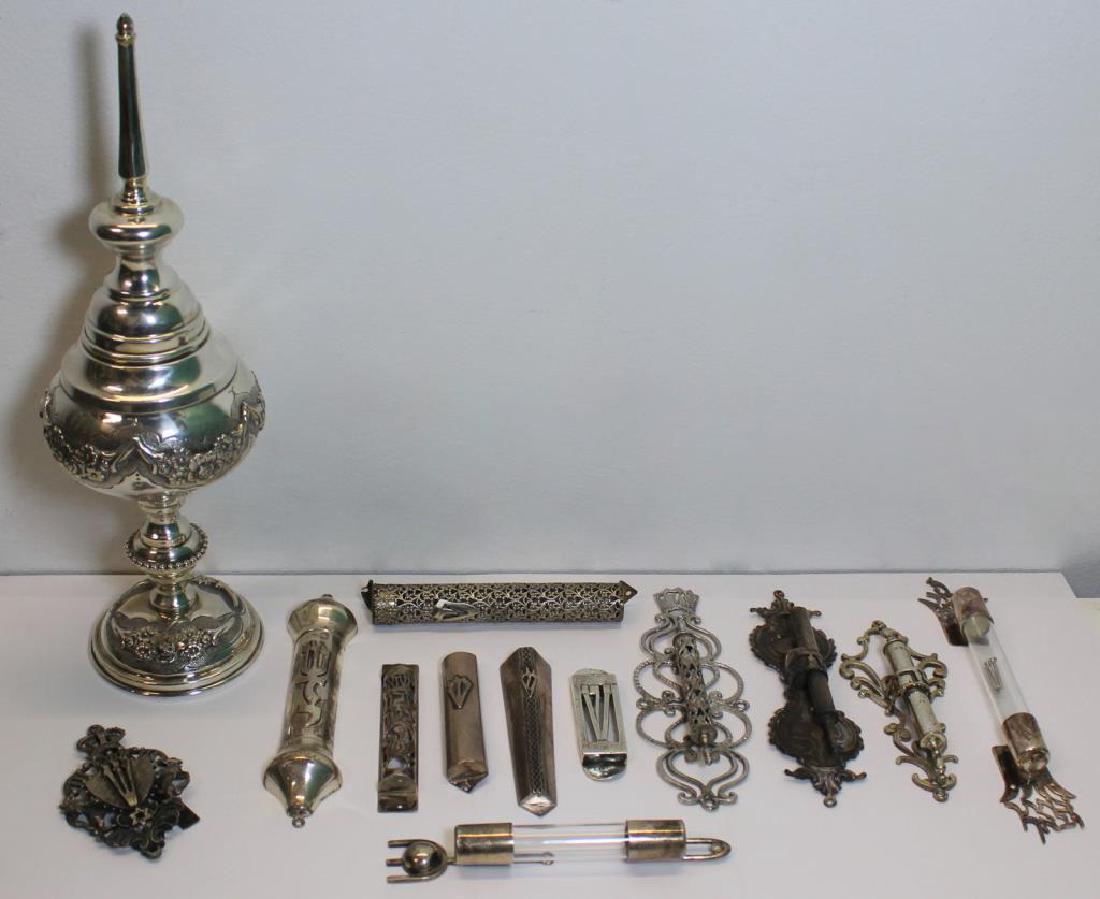 JUDAICA. Grouping of 12 Mezuzahs and a Besamin (1 of 9)