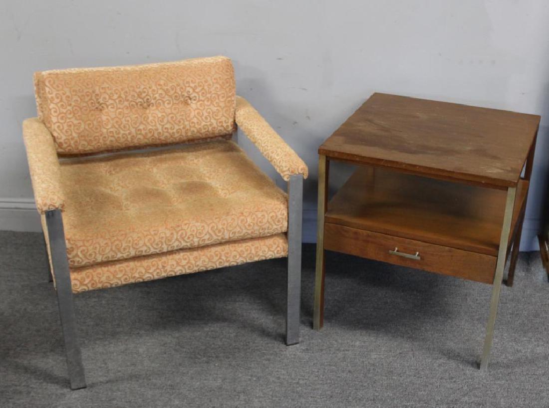 Midcentury Lot Includes Chrome Chair and McCobb.: Decorative midcentury lot includes a chrome Milo Baughman style arm chair with upholstered seat and back rest, together with a Paul McCobb for Calvin one drawer end table. From a Long Island, NY estat
