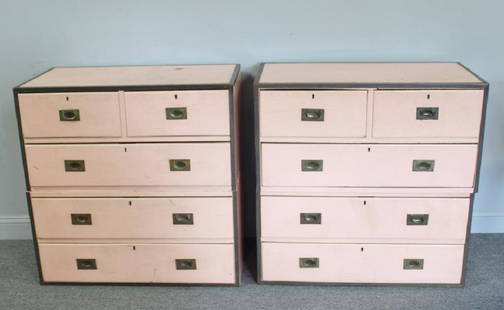 Pair of Painted and Bronze Lined Campaign Chests.: Set of four individual pieces with drawers and edged in bronze. Labeled Shapland & Petter. Later painted in pink. From a Manhattan, NY estate. Dimensions: 36" w x 19" d x 18" h.