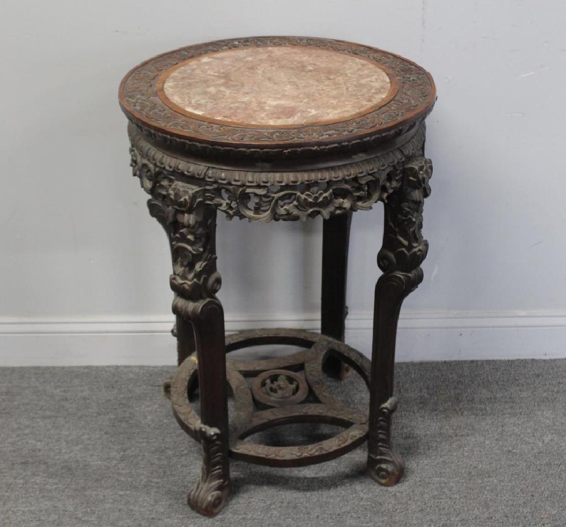 Antique Chinese Carved & Marbletop Hardwood Table (1 of 5)
